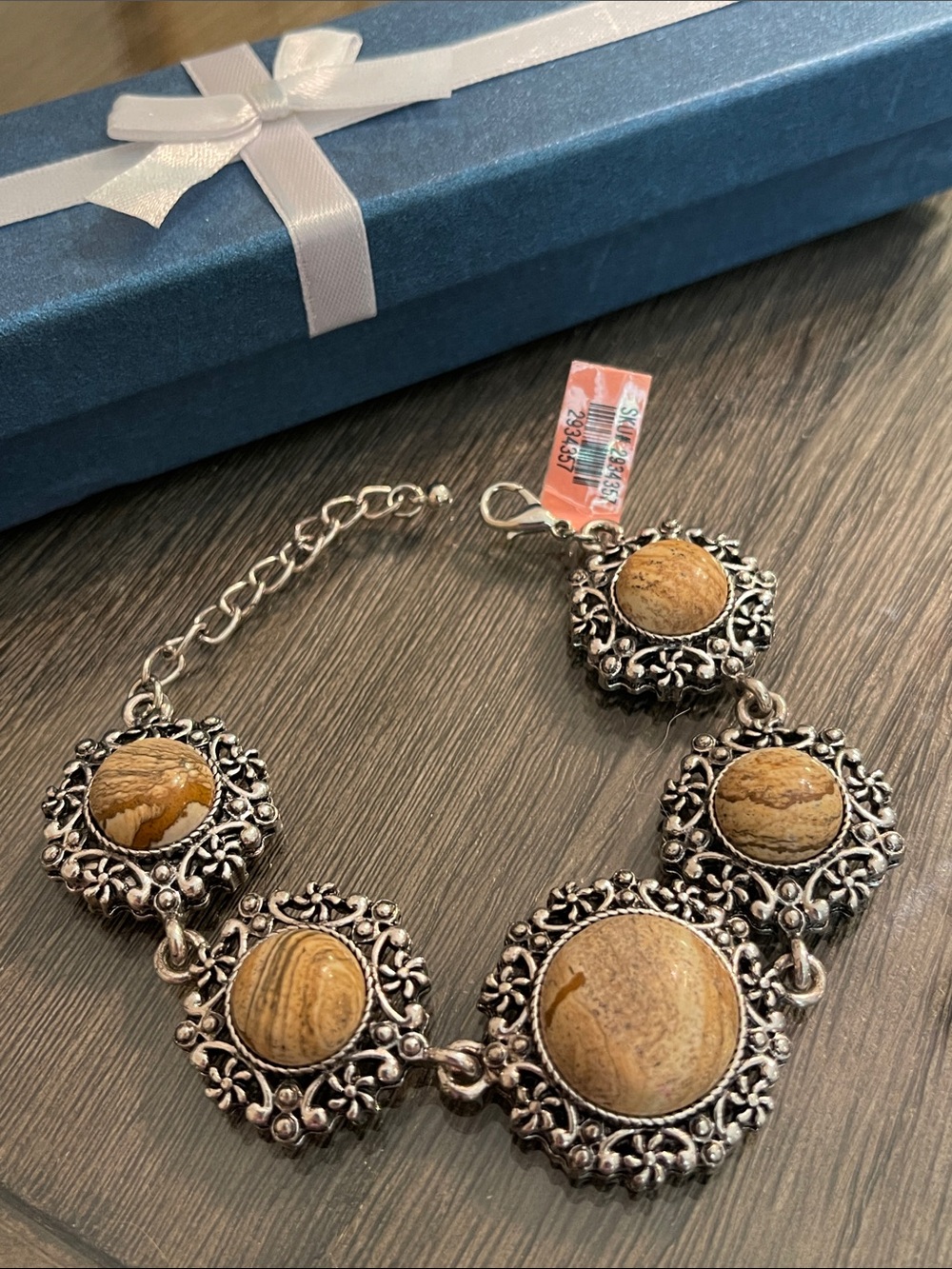Vintage Style Filigree Framed Picture Jasper Cabochon Bracelet 8”-9 3/4” approx